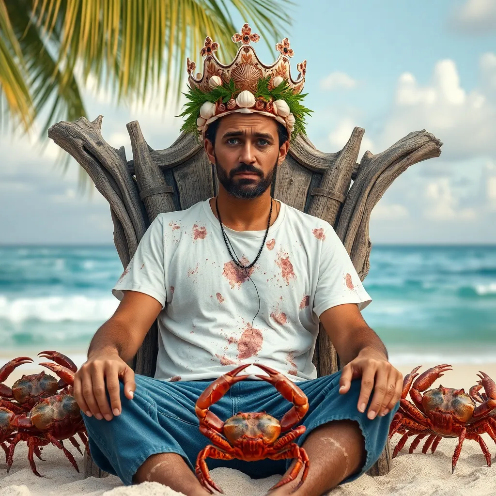 A confused man in a stained t-shirt wearing a crown made of seashells and palm leaves, sitting on a throne of driftwood on a tropical beach, surrounded by bowing crabs, hyper-realistic