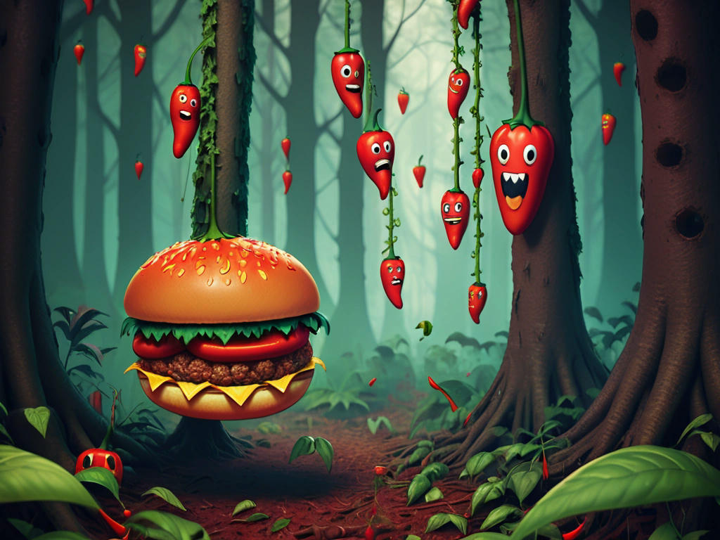 a dense forest filled with spicy peppers hanging from trees, a brave hamburger carefully navigating through