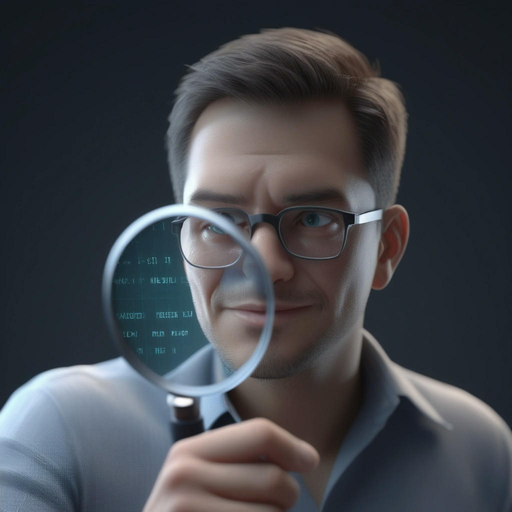 a developer looking at a code on the screen, with a magnifying glass in their hand, examining the code closely, with a subtle smile on their face, indicating understanding, photorealistic, high detail, studio lighting, 4k