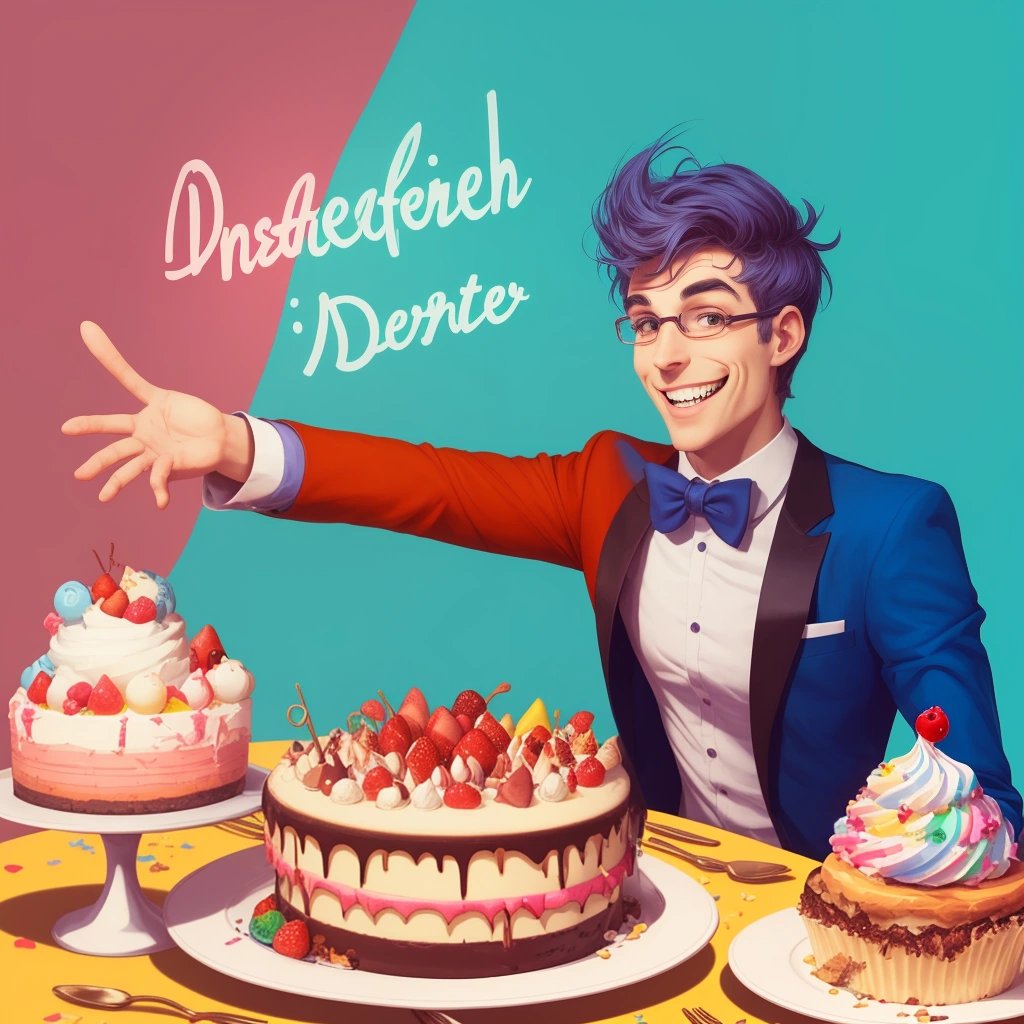 Confident man surrounded by desserts