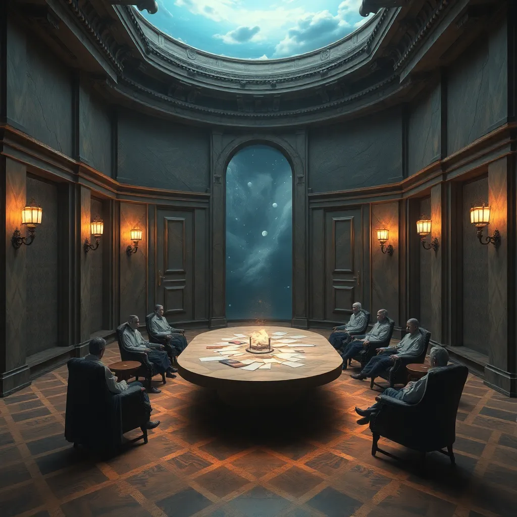 impossible council chamber built from unfinished causes, floor remembering the sky, people falling upward, lamps transforming into abstract moral dilemmas, a soft stone table holding an invisible but palpable mystical presence, floating papers, cosmic interior, uncanny yet elegant, cinematic surrealism