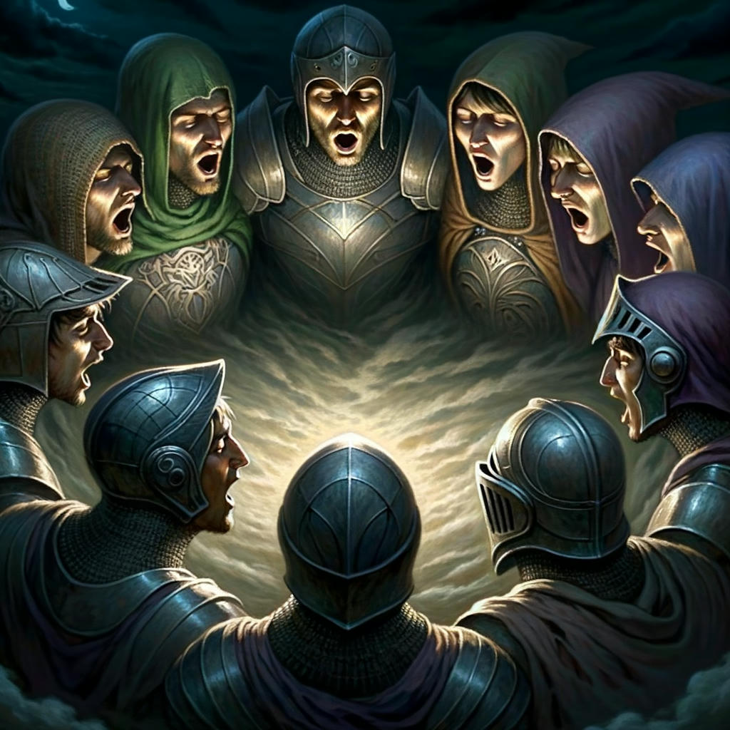 Knights in a huddle, whispering 'Nyx' in unison