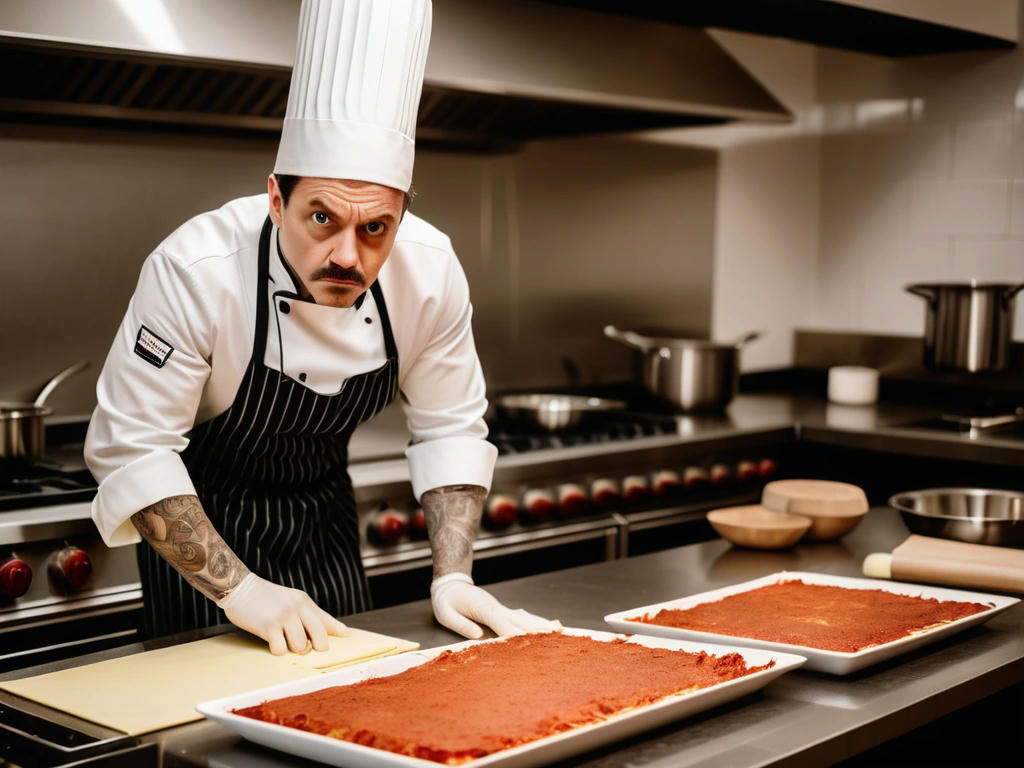 a chef in a high-end kitchen looking suspicious while preparing a lasagna