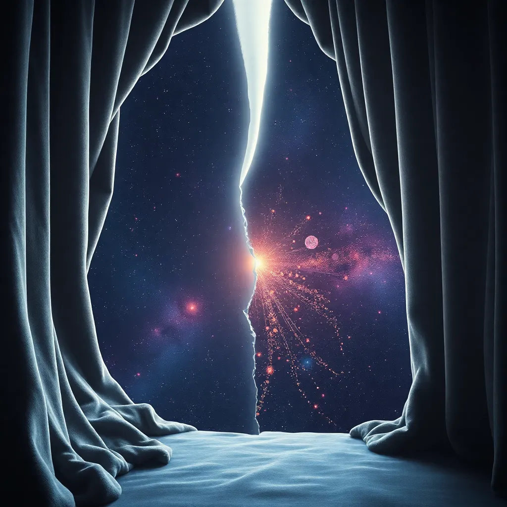 The edge of the universe depicted as a literal velvet curtain in space, with a giant white cat whisker poking through a tear in the fabric of reality, glowing particles leaking out
