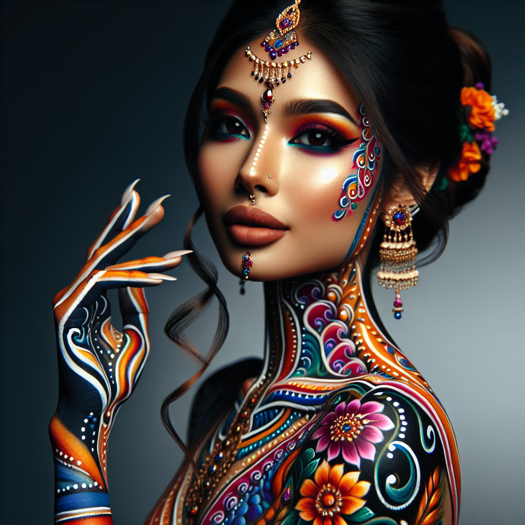 woman with classic body paint, elegant and sophisticated design, high detail, photorealistic, vibrant colors, masterpiece, award-winning photography, trending on artstation