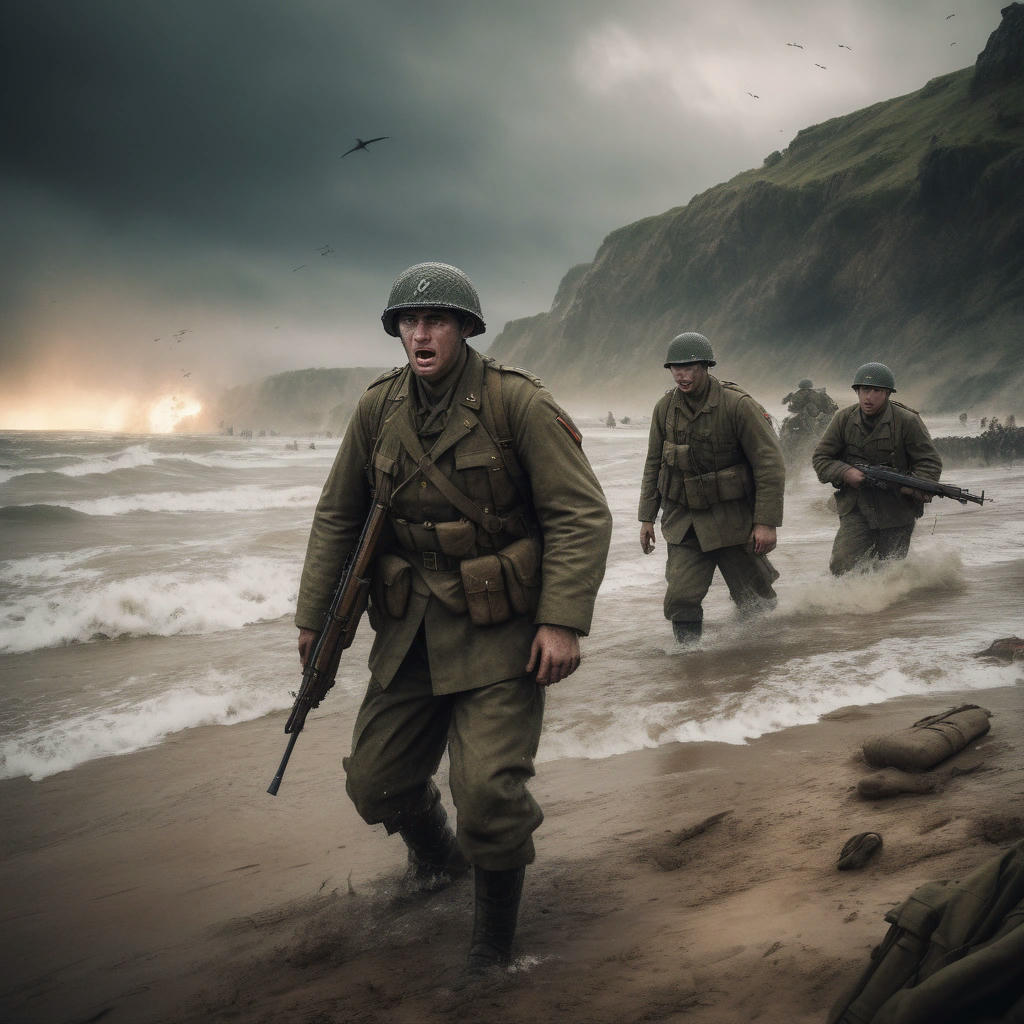 Soldiers landing on Omaha Beach, with a chaotic expression on their faces, in the background a stormy sea, warm colors, high detail, cinematic, trending on artstation