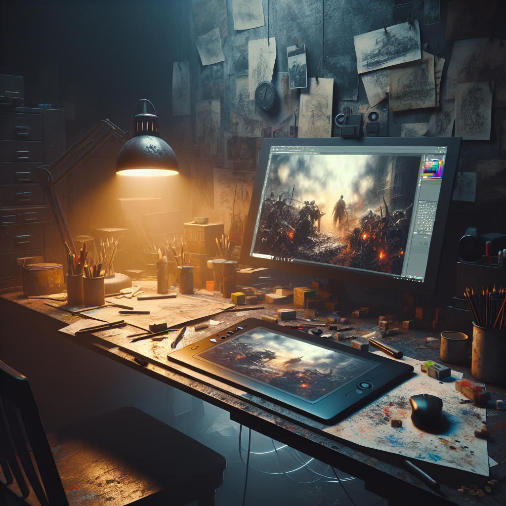 a digital artist's workspace with a computer, drawing tablet, and War Thunder artwork on the screen, dimly lit room, cluttered desk, realistic, high detail, somber mood