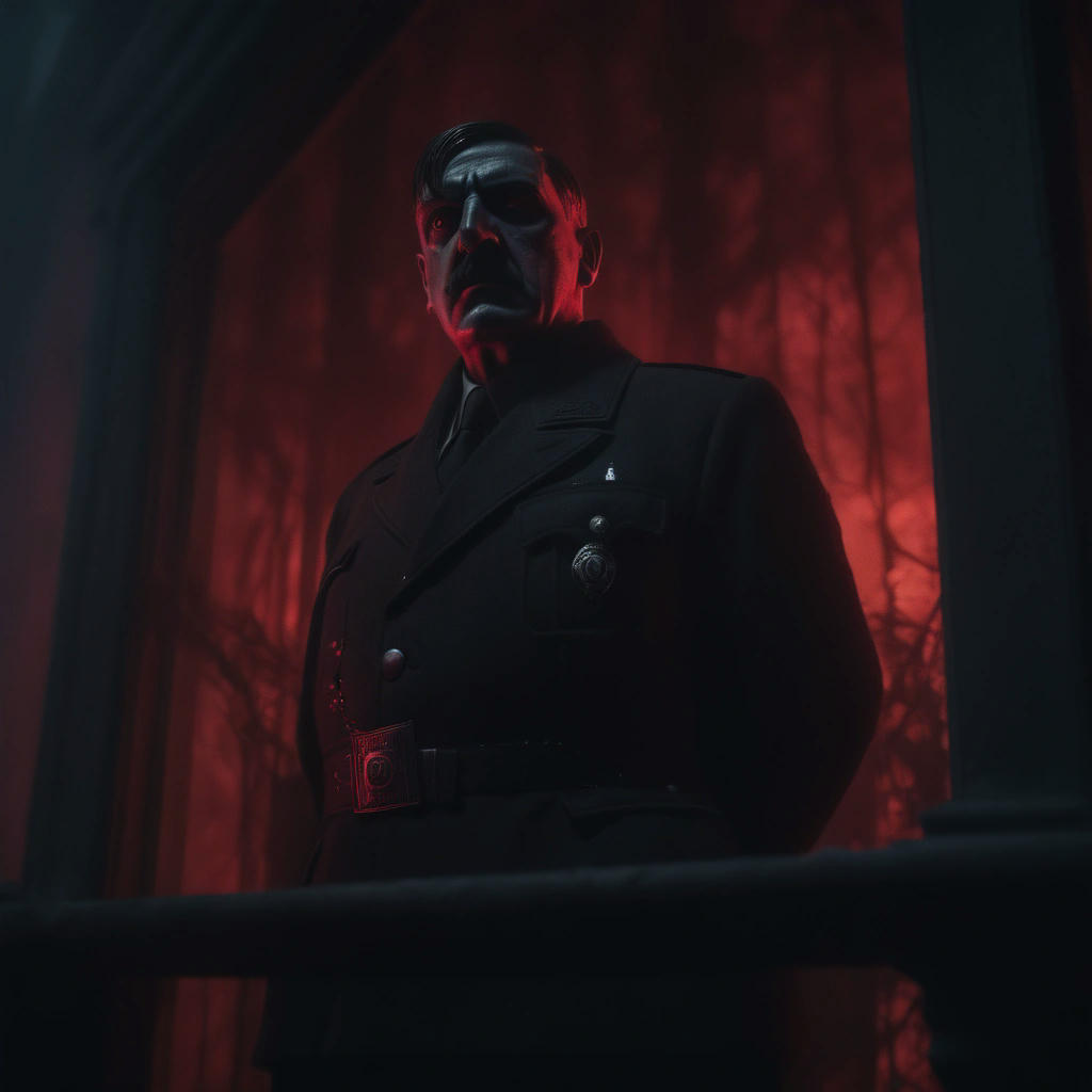 A haunting image of Hitler, standing on a balcony, overlooking a dark and foreboding Berlin, with the necromants gathered around him, their eyes aglow with dark magic, the cityscape bathed in an eerie, crimson light, 4k, cinematic