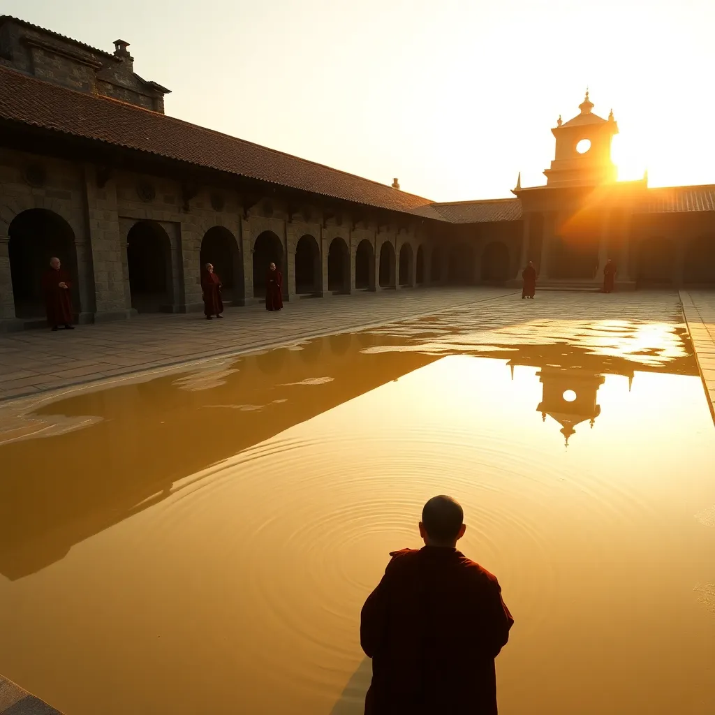 solemn old stone monastery courtyard at sunset, a reflecting pool transformed into pale beer with tiny ripples forming the suggestion of a stadium chant, monks in robes staring in disbelief, dramatic golden light, surreal sacred atmosphere mixed with corporate beverage imagery