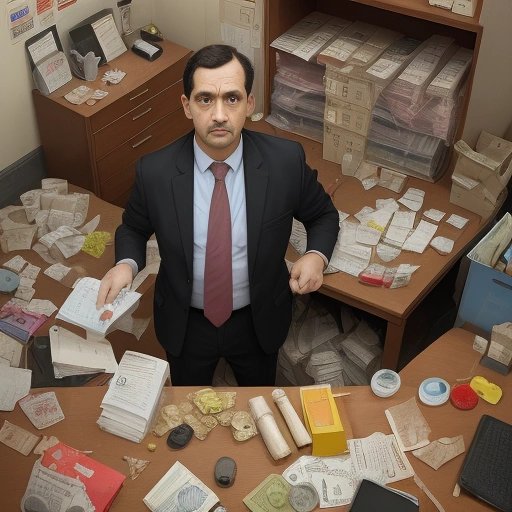 Confused bank official with strange items