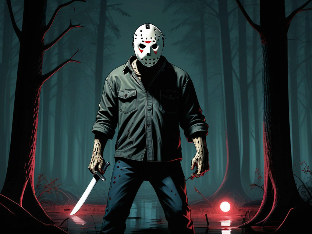 JavaScript heroically fighting Jason Voorhees with functions and methods in a dark digital forest