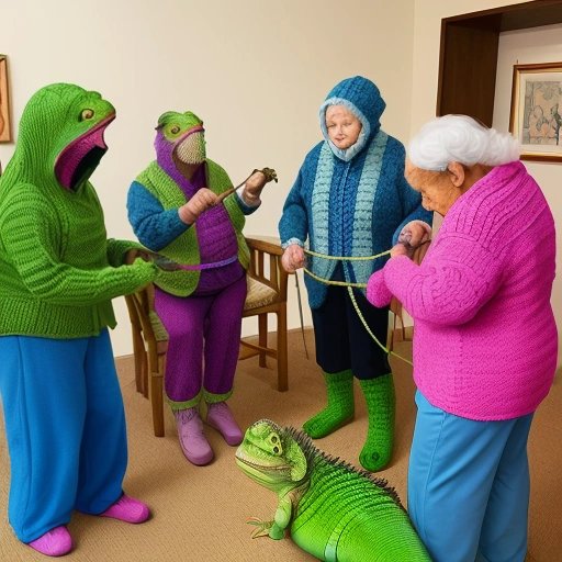Retirement home residents learning to knit with the Iguanas