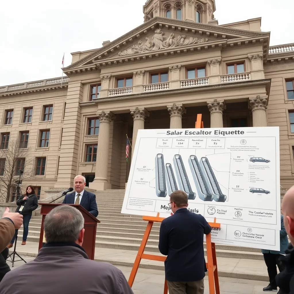 press conference outside grand municipal building, worried mayor at podium, giant diagram of escalator etiquette on easel, confused reporters, civic panic energy, overcast afternoon, highly detailed editorial photo style