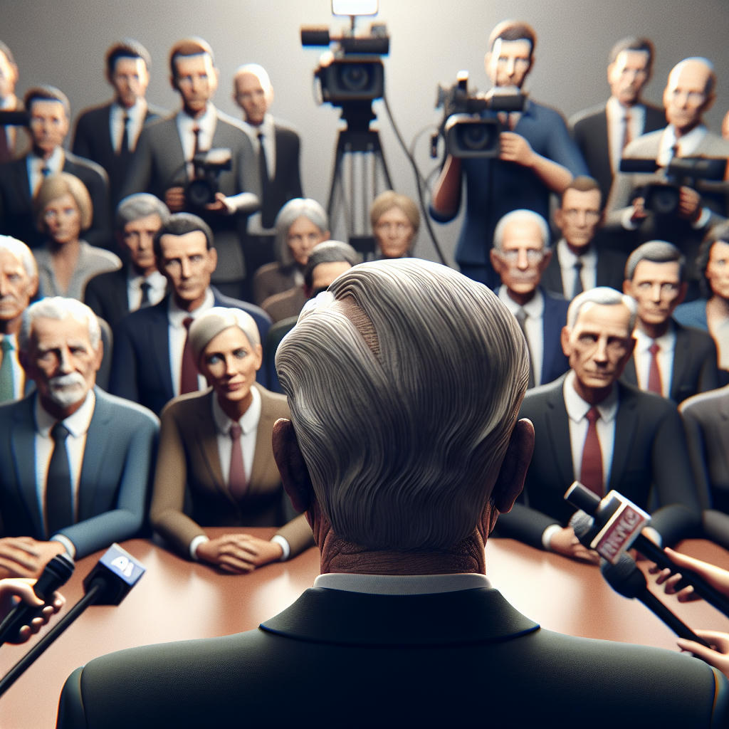 A realistic image of a press conference with President Joe Biden, surrounded by reporters and cameras, capturing a moment of intense scrutiny, high quality, detailed