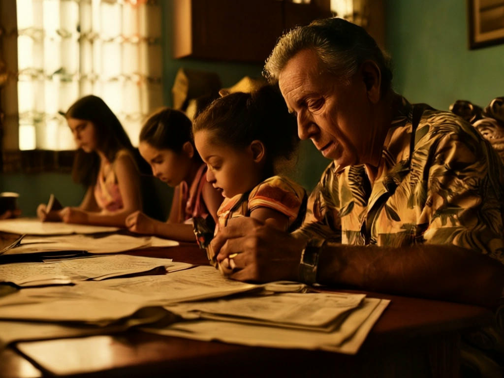 Cena do filme mostrando uma família brasileira sentada à mesa, rodeada de contas e documentos, com expressões de preocupação e desespero