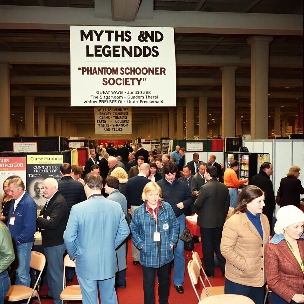busy 1986 myths and legends convention scene with overlapping booths, phantom schooner society seminar sign, curse franchise debate, attendees in denim and winter coats, paranormal exhibitors, folding chairs, lanyards, vending machines, a surreal but believable conference atmosphere, retro film photography style