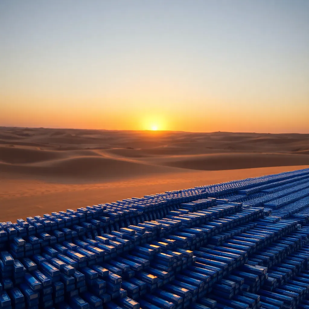 A desert horizon where the border is marked by a shimmering wall of iridescent Scotch tape and millions of blue ballpoint pens stacked like bricks, sunset lighting reflecting off the plastic