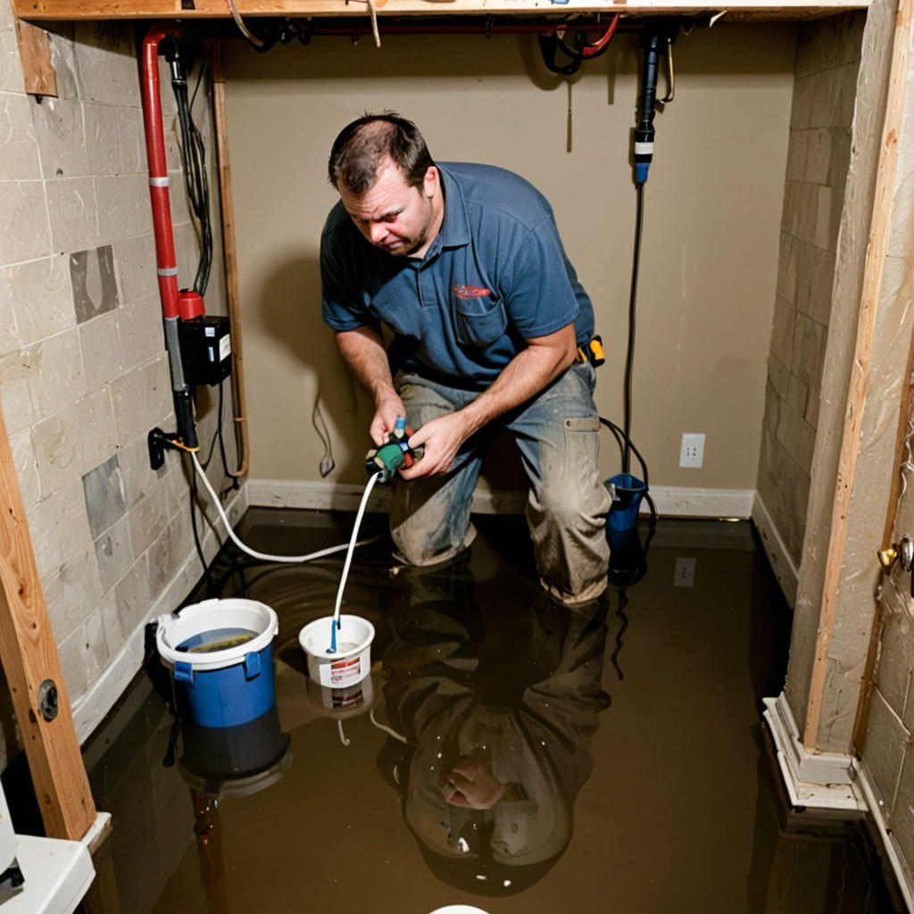 A person installing a sump pump in a basement