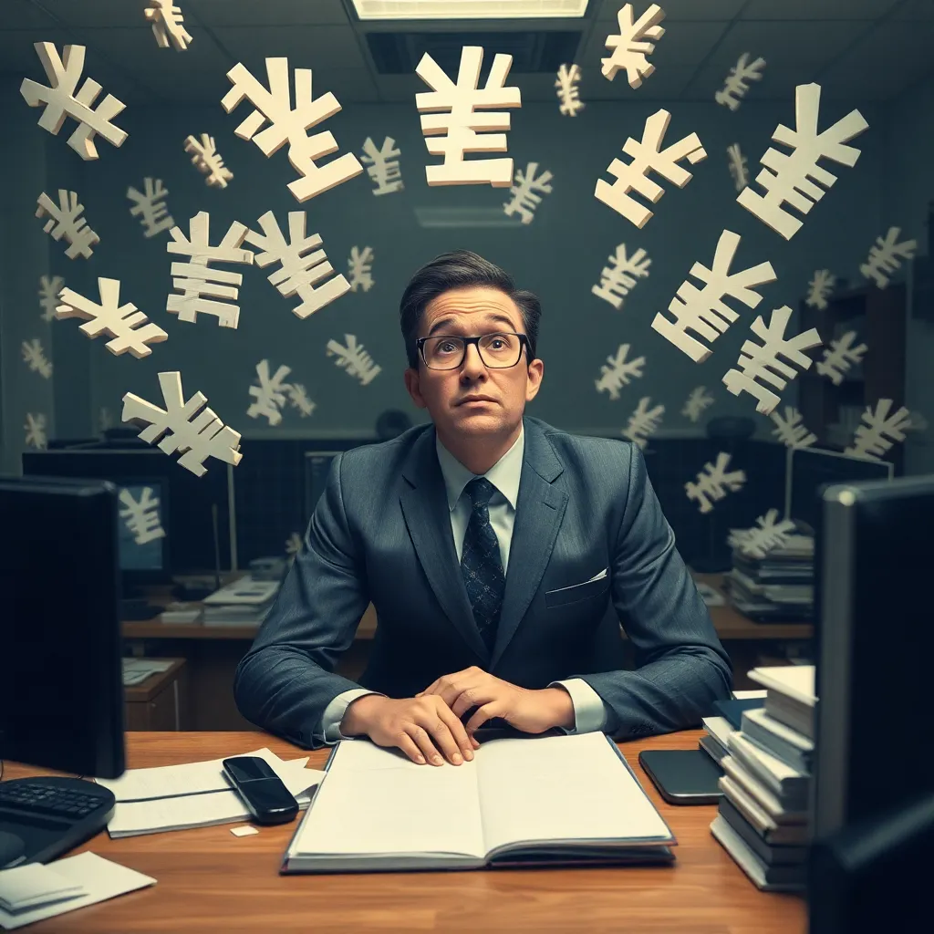 Confused civil servant surrounded by floating letters 'ПЛВ', 'КВЧ', 'ЗПЛ' in a chaotic office, surreal bureaucratic nightmare