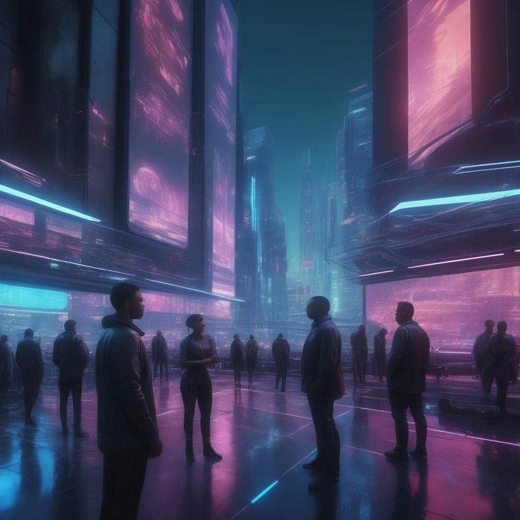 A futuristic cityscape with a giant AI-generated artwork in the background, a group of people from diverse backgrounds interacting with AI systems, augmented reality interfaces, neon lights, high-tech atmosphere, 4k, hyper-realistic, concept art by Syd Mead and H.R. Giger