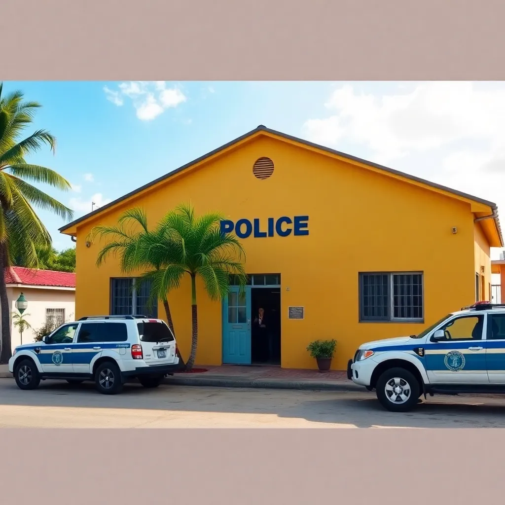 A wide shot of the exterior of a modest Belizean police station, sun-bleached yellow paint, a few palm trees, two official vehicles parked out front, quiet afternoon light.
