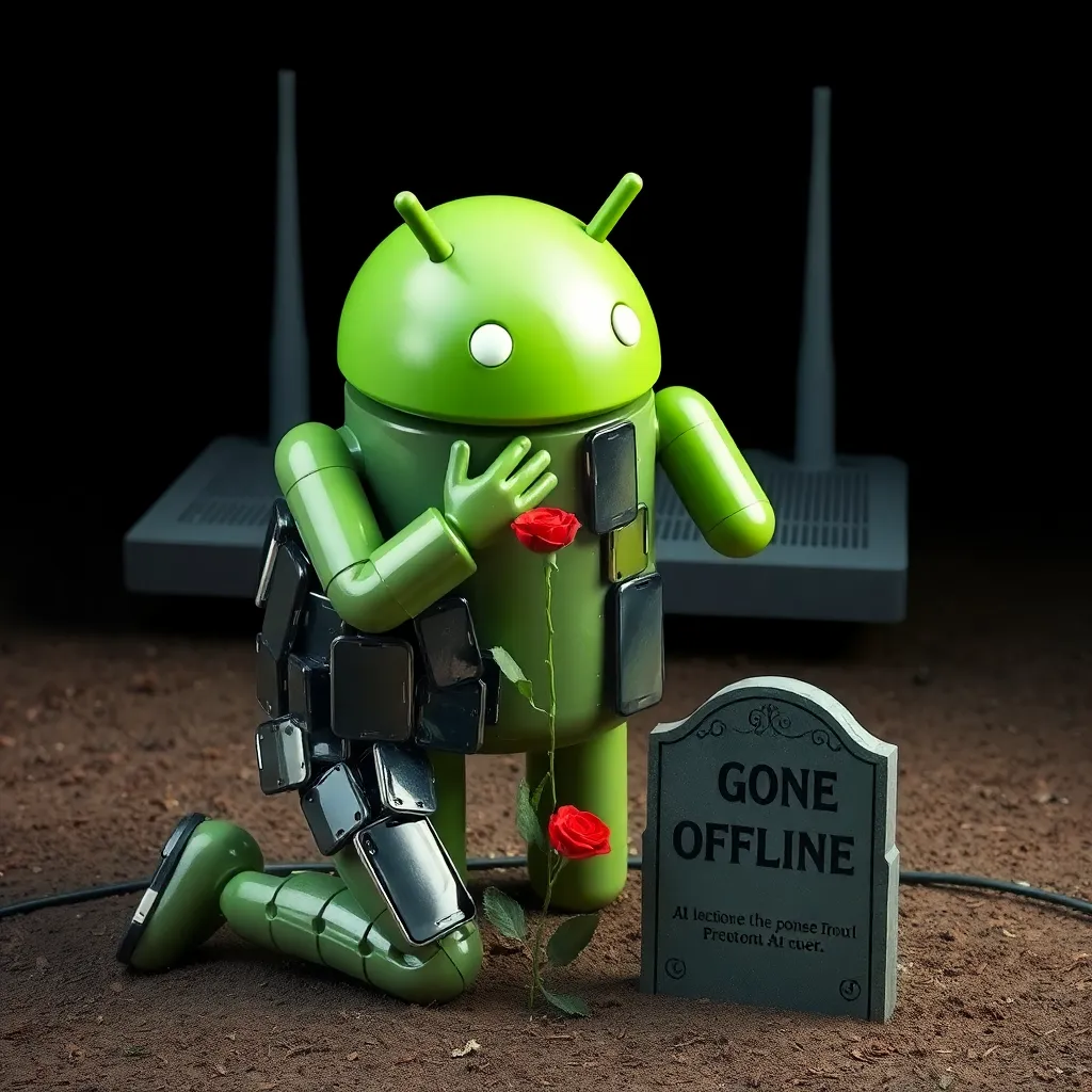 a weeping Android statue made of melted smartphones, kneeling before a giant unplugged router, with a single rose and a 'Gone Offline' tombstone