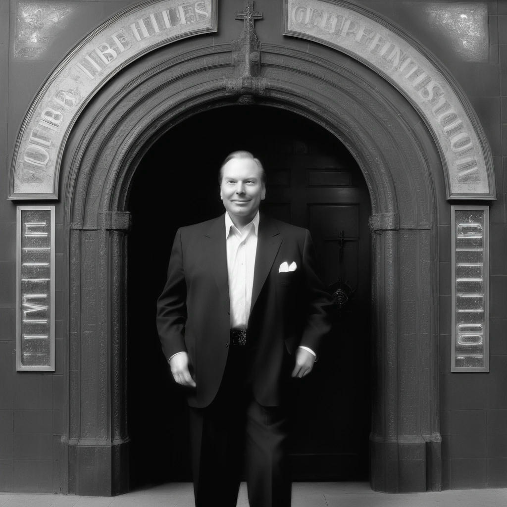 L. Ron Hubbard standing in front of a large, ornate door, with a sign that reads 'Church of Scientology', looking out at the viewer with a confident smile, 1950s style, high contrast, dramatic lighting, film noir inspired, cinematic