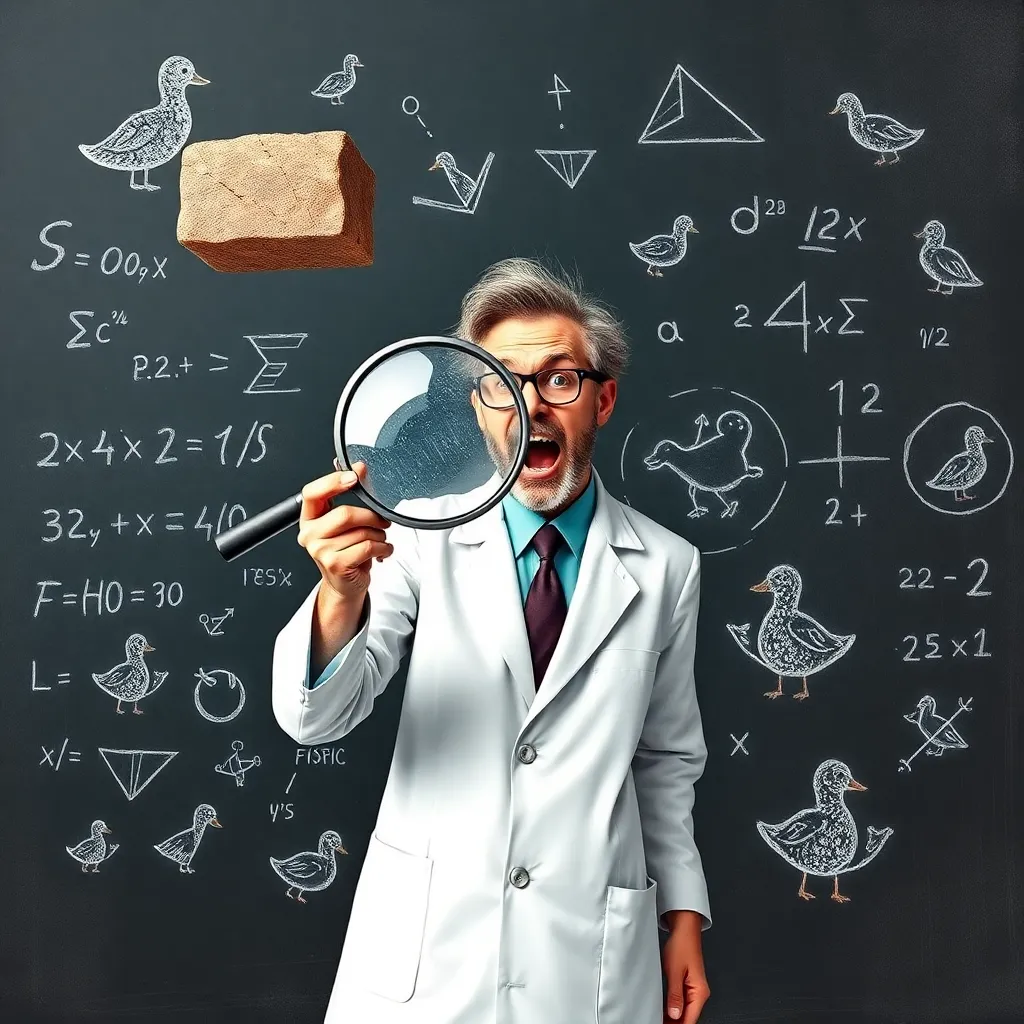 A frantic scientist in a lab coat holding a giant magnifying glass up to a floating brick, surrounded by complex chalk equations that turn into doodles of ducks, surrealist laboratory setting
