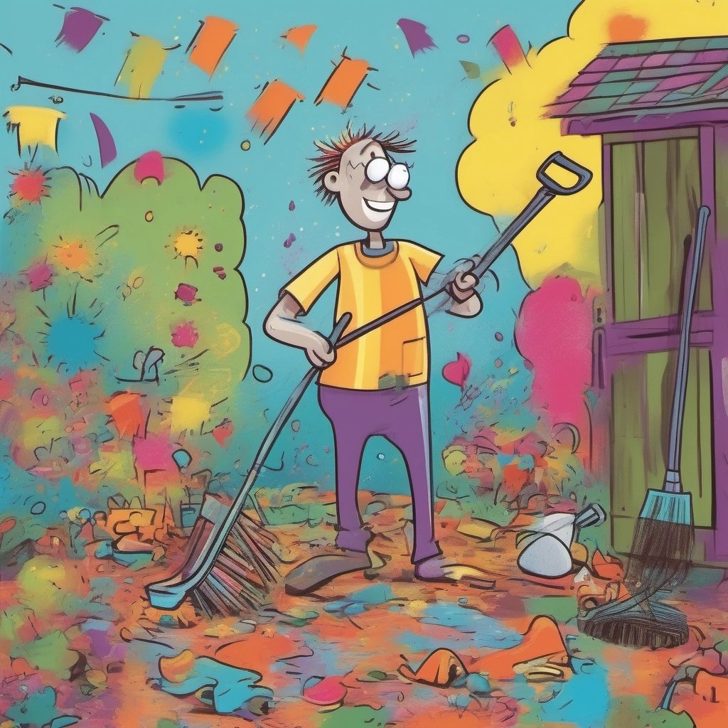 Illustration of person using garden rake and mop to clean