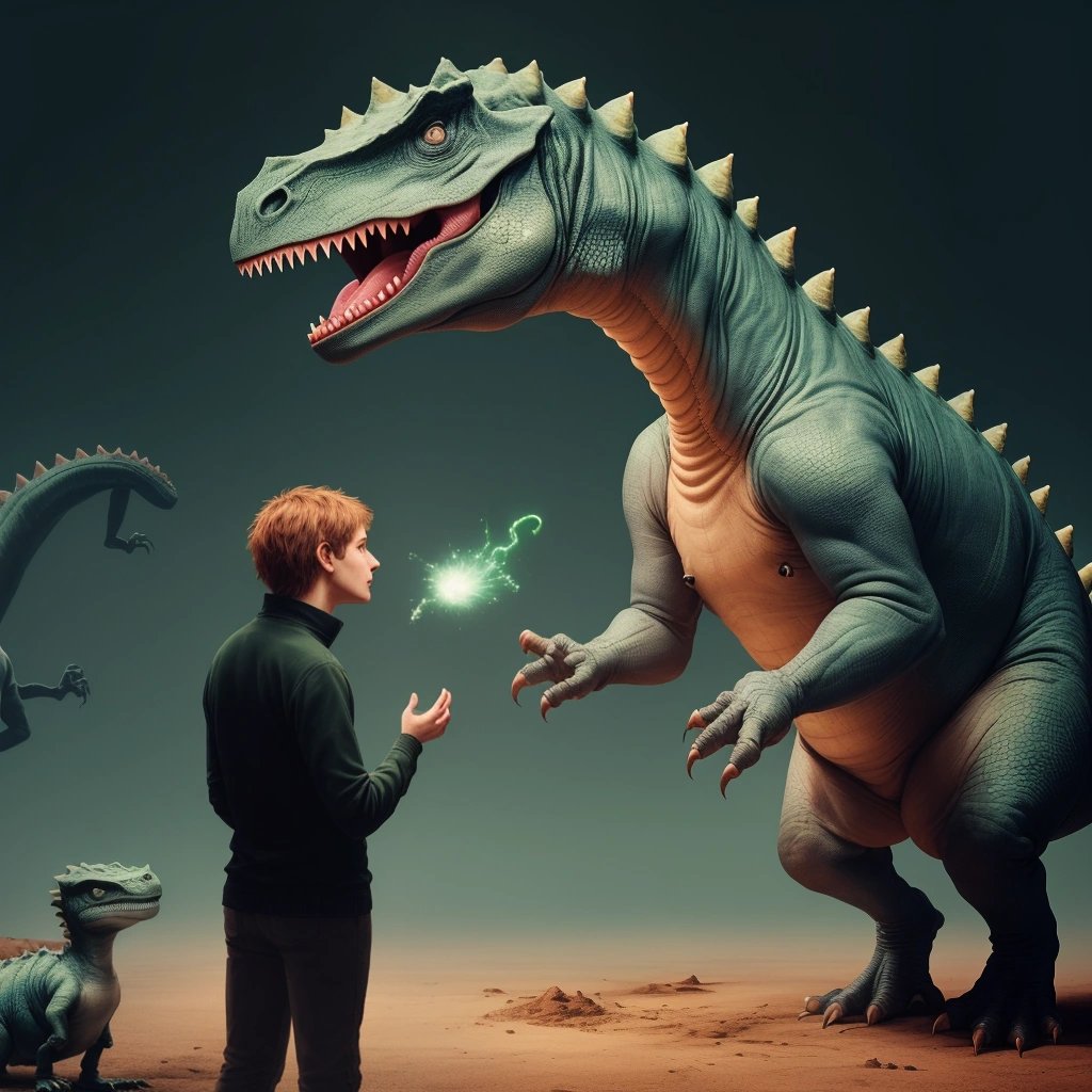 Living dinosaur interacting with a human