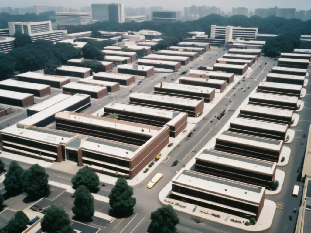 A sprawling office complex with signs for various absurd departments like 'Department of Sock Pairing' and 'Bureau of Pencil Sharpening'