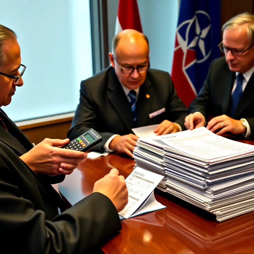 NATO leaders with calculators, a limitless corporate card, and a stack of expense reports
