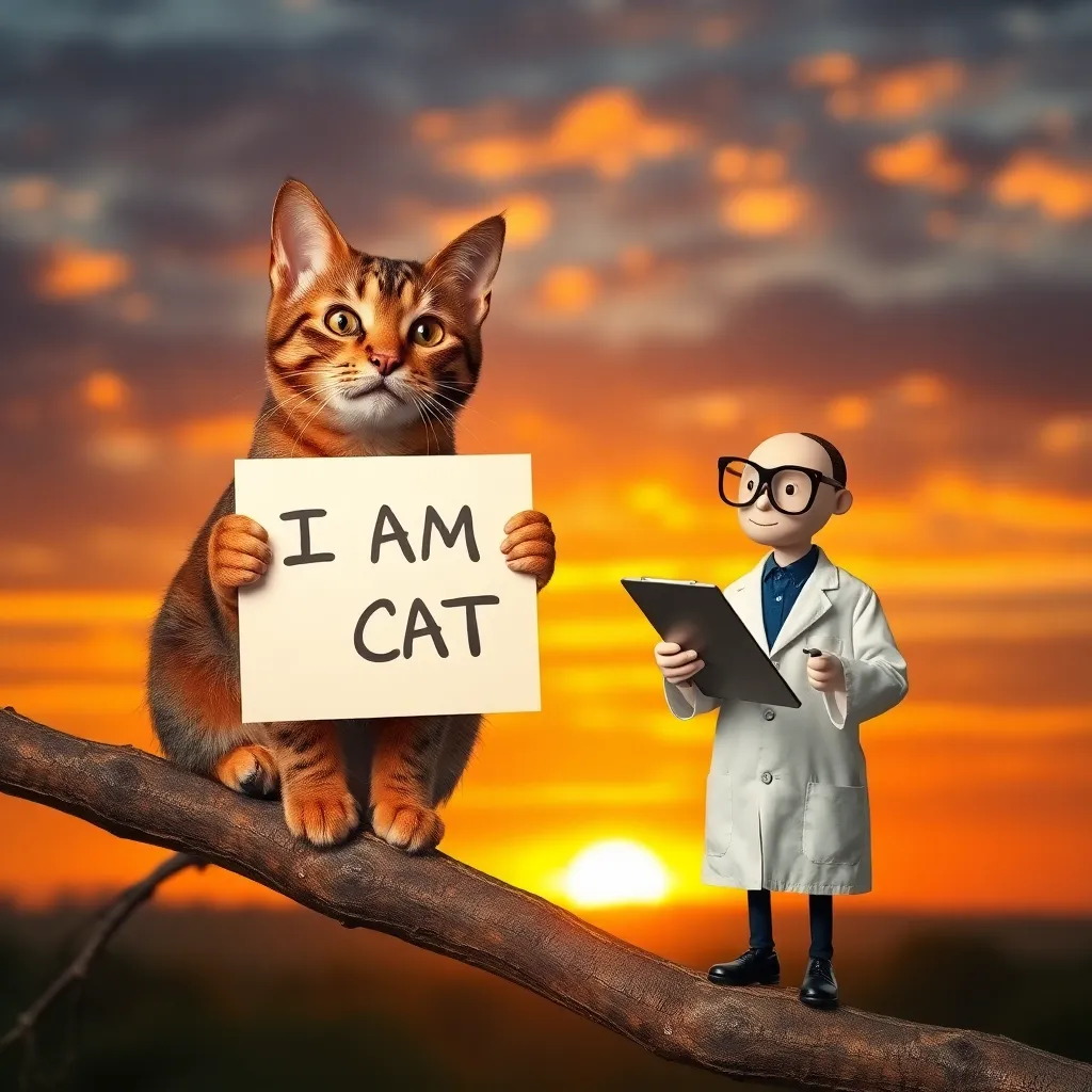 A confused tabby cat sitting on a tree branch holding a 'I AM A CAT' sign, while a scientist in a miniature lab coat takes notes with a clipboard, dramatic sunset backdrop