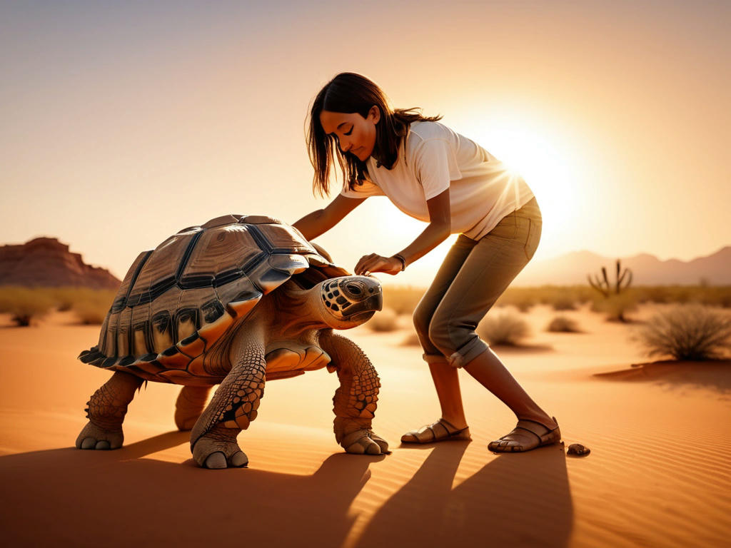 a person gently flipping a tortoise back onto its feet in a desert, sun setting in the background, sense of relief and compassion