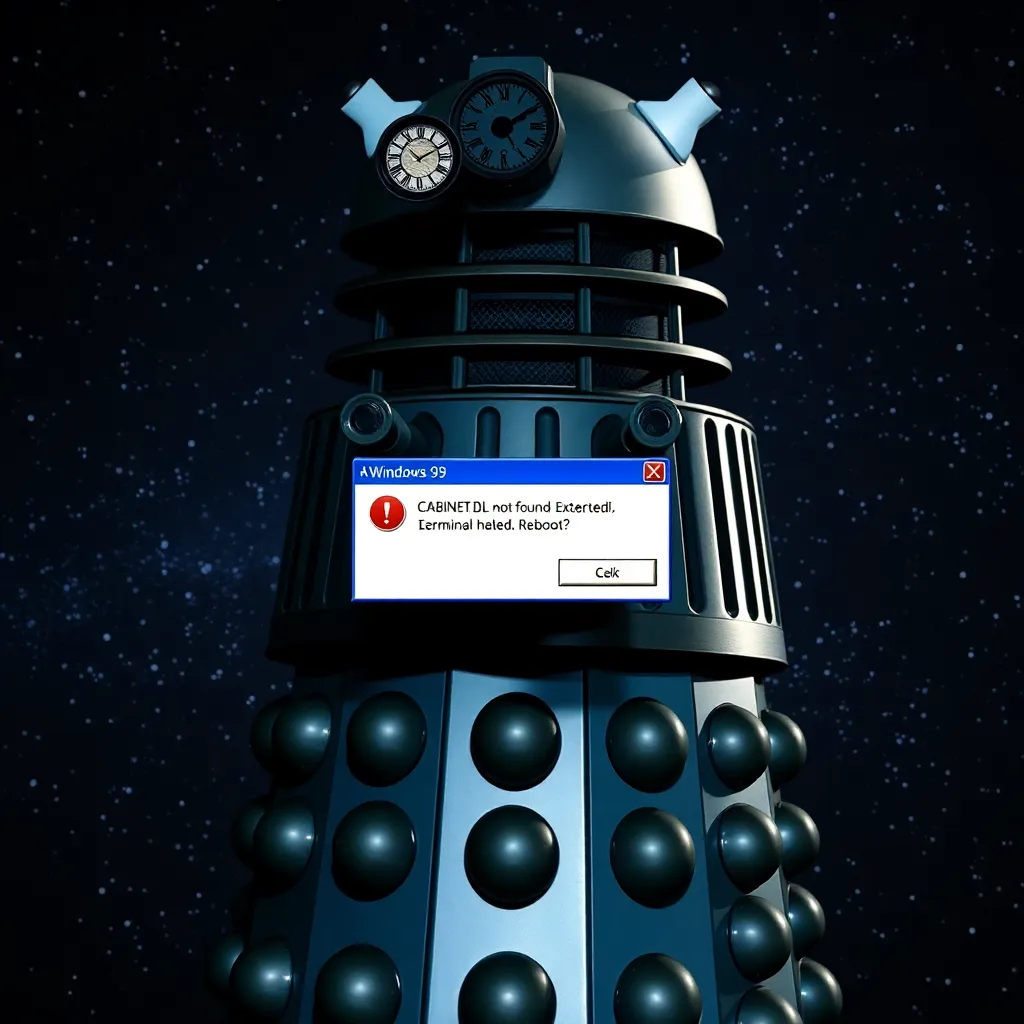 A Dalek casing with Windows 95 error pop-up: 'CABINET.DLL not found. Extermination halted. Reboot?' against a starry space backdrop