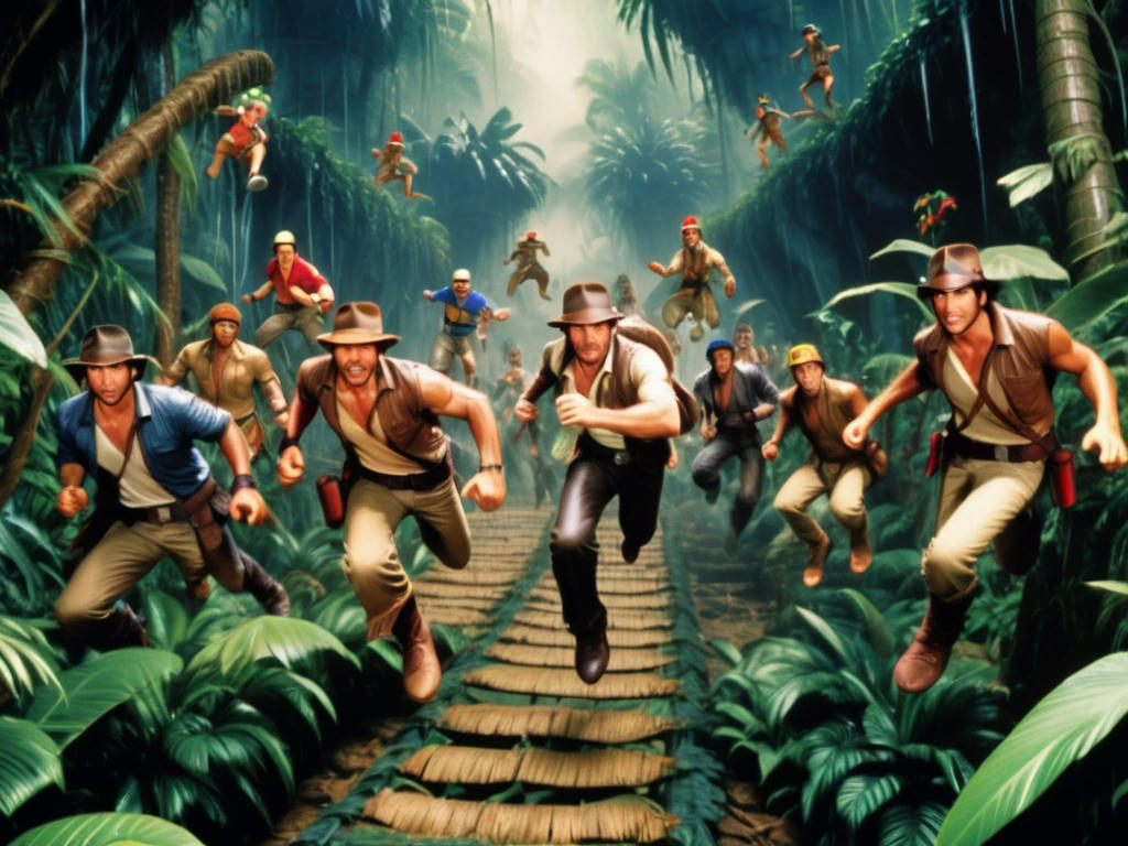 Indiana Jones leading the group through a dense jungle, with Mario jumping over obstacles, Liu Kang and Sub-Zero fighting enemies, and the Monty Python knights comically stumbling along