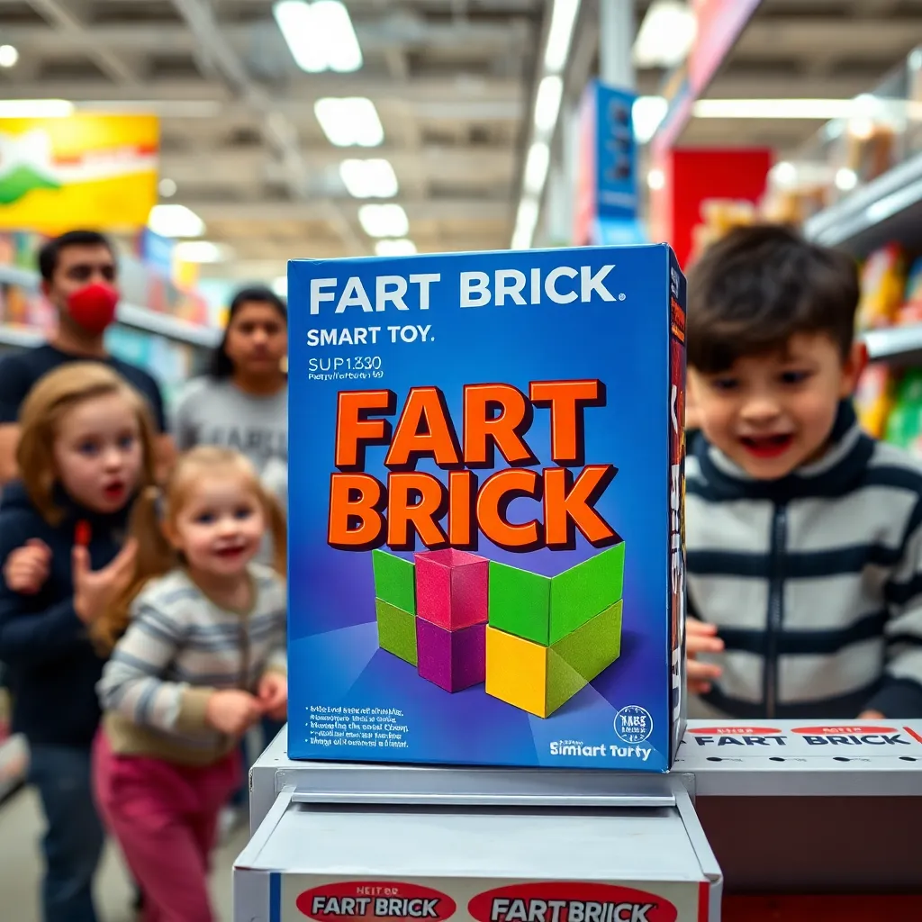 close-up of a brightly colored smart toy brick package on a store shelf with the bold product name FART BRICK, sleek futuristic toy design, bewildered parents in the background, amused children reaching for the box, retail lighting, comedic realism, detailed packaging graphics, modern toy aisle