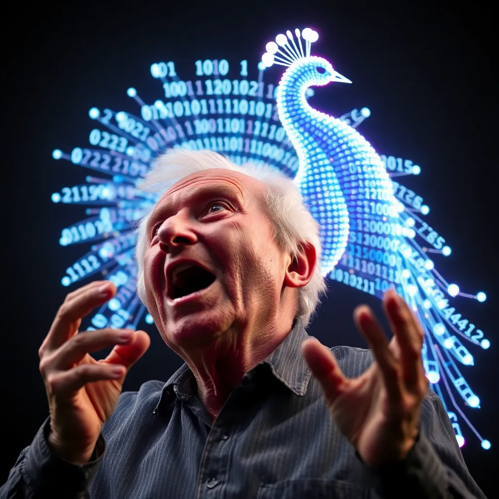 An old man shouting at a glowing holographic cloud of binary code that is shaped like a shimmering, iridescent peacock