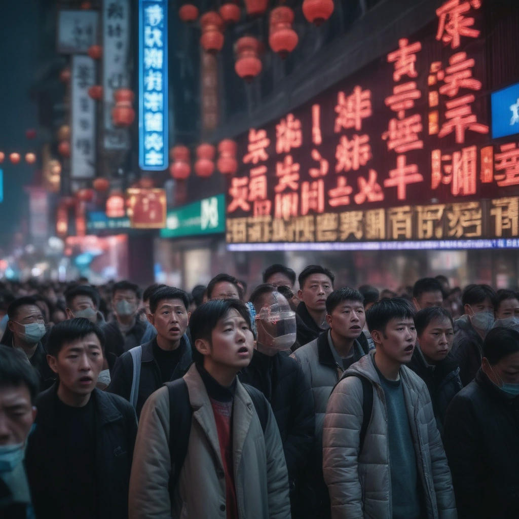 A crowded street in Beijing, people looking worried and confused, holding their phones and looking at God's social credit score, neon lights and advertisements in the background, a giant screen displaying the score above the street