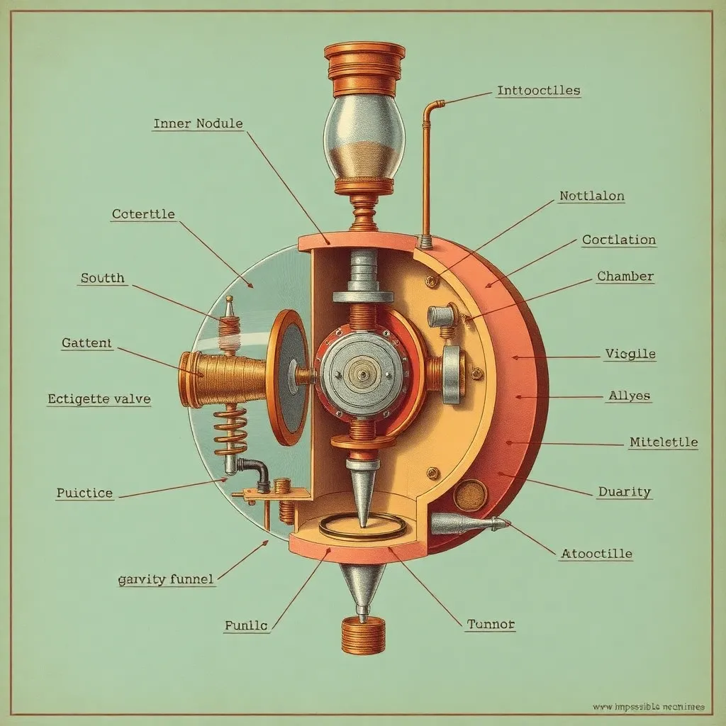 cross-section cutaway illustration of a fantastical machine called a wibble, showing labeled components like inner nodule, oscillation chamber, etiquette valve, gravity funnel, all in a vintage engineering poster style with whimsical impossible mechanics