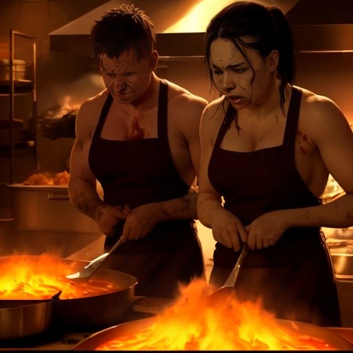 Contestants cooking in Hell's Kitchen