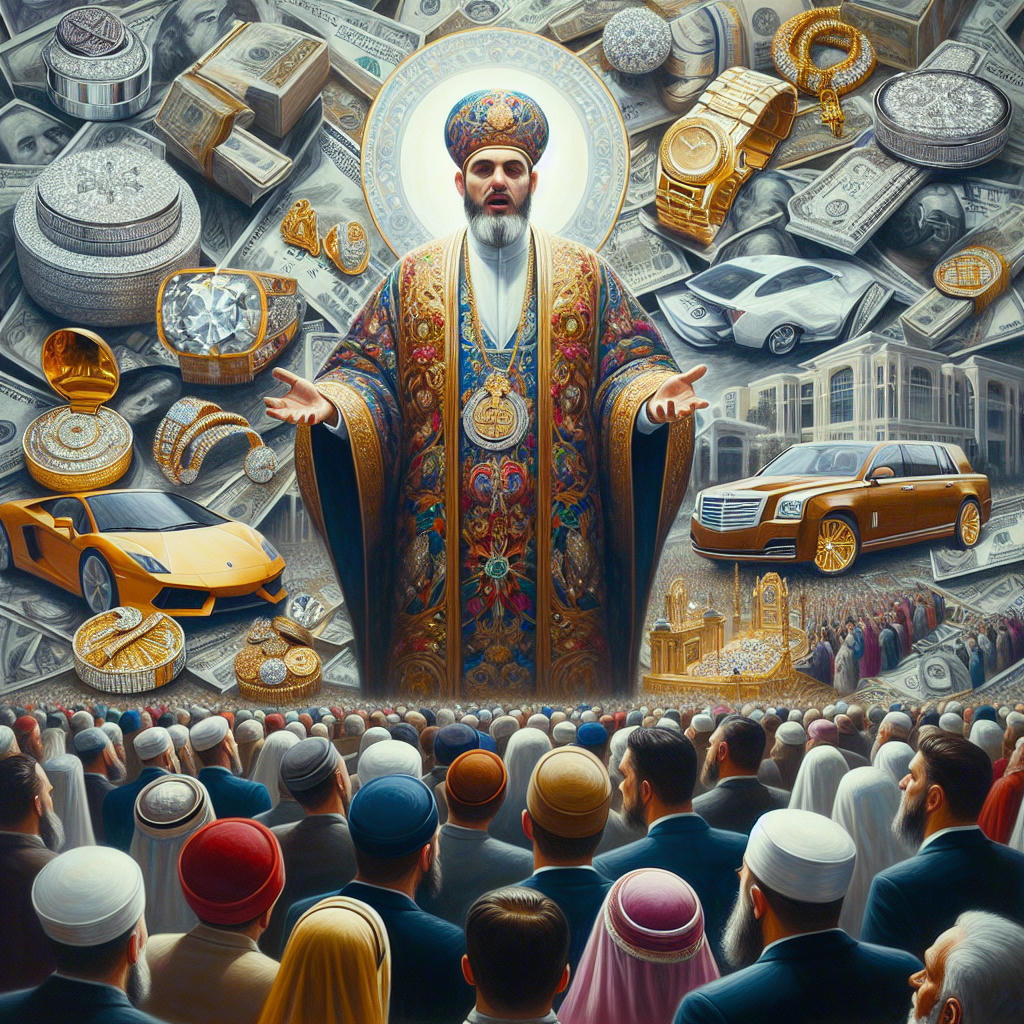 A lavishly dressed televangelist preaching to a large congregation, with images of money and luxury items in the background, high detail, photorealistic