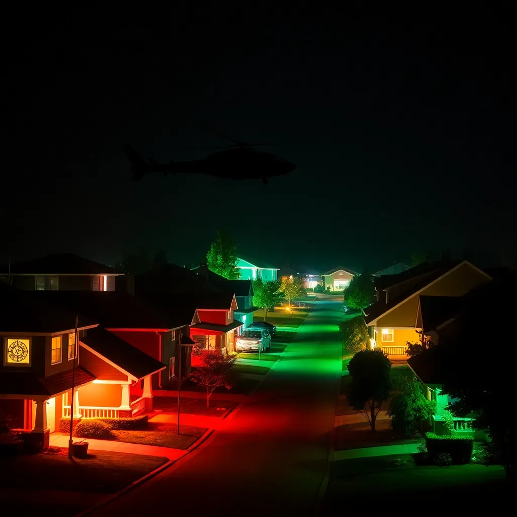 A suburban street at night where every house is glowing a different neon color, with a black unmarked helicopter hovering silently above the neighborhood