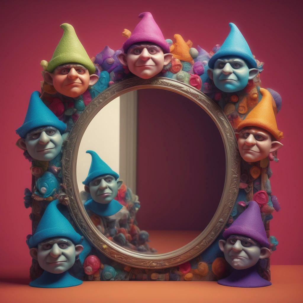 A stylized illustration of a troll looking into a mirror, with a thought bubble containing a miniature version of themselves, surrounded by comedy masks and jesters' hats, colorful, whimsical, and introspective