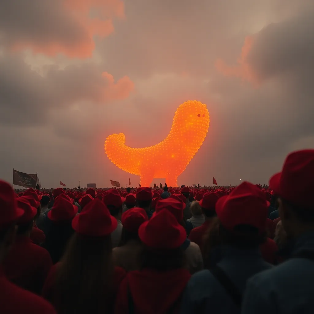 a crowd of people wearing red hats, looking up in awe at a giant orange-hued figure in the sky, surreal and whimsical atmosphere