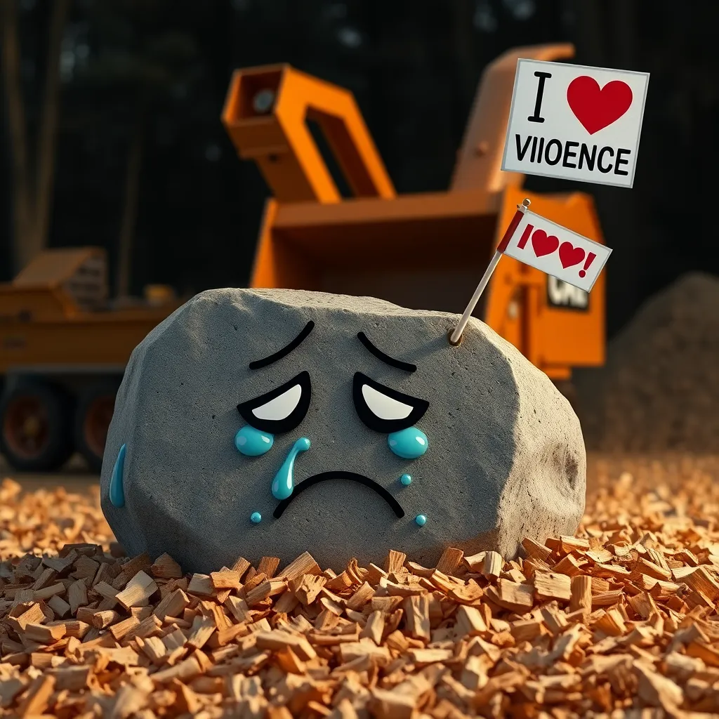 A distraught granite mill stone with cartoonish tears rolling down its surface, partially buried in wood chips, a victorious wood chipper looming in the background with a tiny 'I ♥ VIOLENCE' flag, cinematic lighting