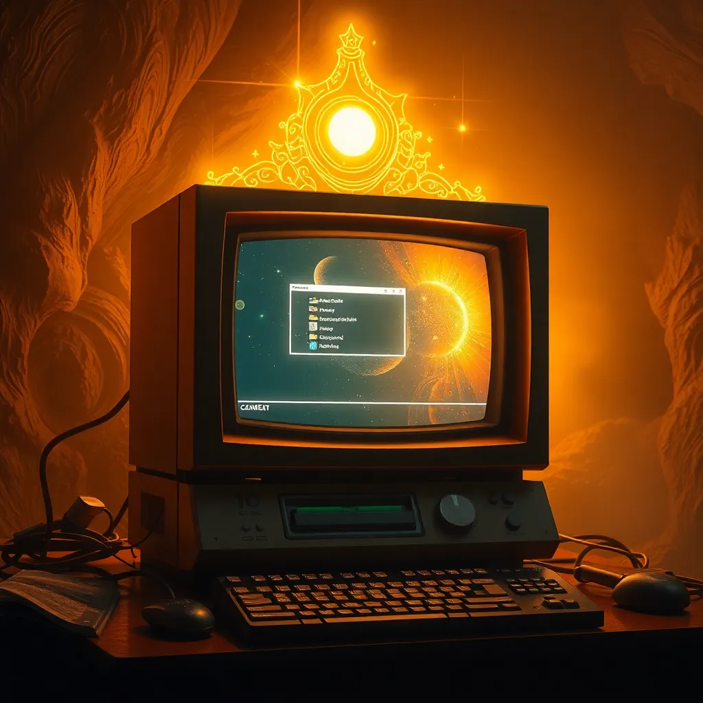 a glowing retro computer shrine with golden light, chunky old monitor showing an unusual operating system interface, celestial pixel art, dramatic surreal atmosphere, editorial magazine style