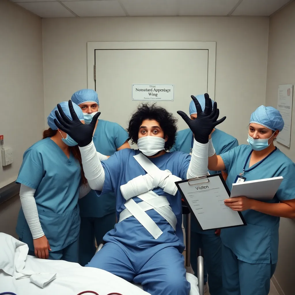 Overwhelmed hospital staff in scrubs attempting to wrap Edward Scissorhands' scissor-hands in comically oversized cartoon bandages, one nurse holding a 'Waiver Violation' clipboard, sterile hospital room with 'Non-Standard Appendage Wing' sign on door