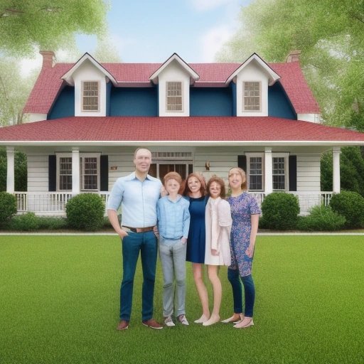 Proud retro woman with family in front of their home