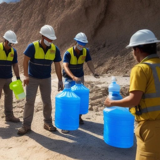 Aid workers distributing dehydrated water powder in a disaster area
